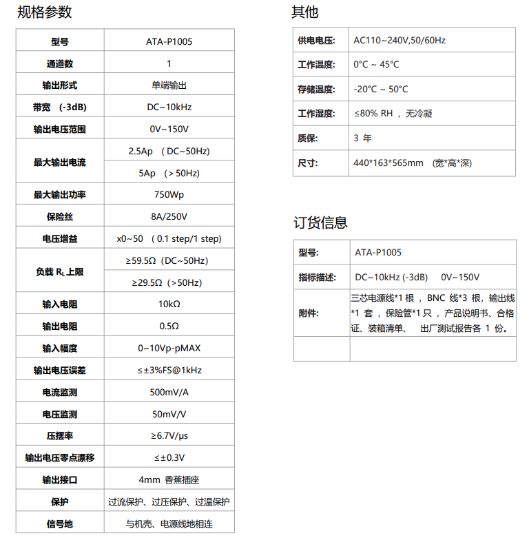 ATA-P1005压电叠堆功率放大器指标参数 ATA-P1005压电叠堆功率放大器指标参数